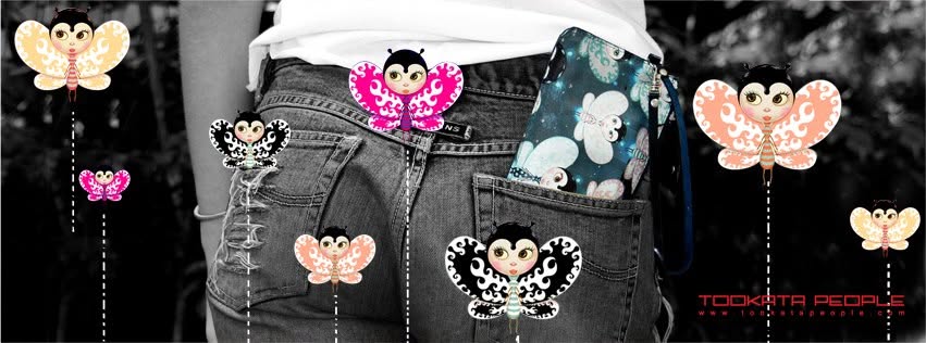 Tookata campaign: illustrated blue wallet tucked into a denim pocket with colourful butterfly characters