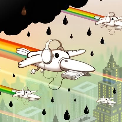 Tookata illustration of playful flying bird characters, rainbows and clouds